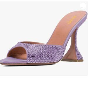 XYD Women's Trendy Open Pointed Toe High Heel Mules Rhinestone Studs Purple Shoe